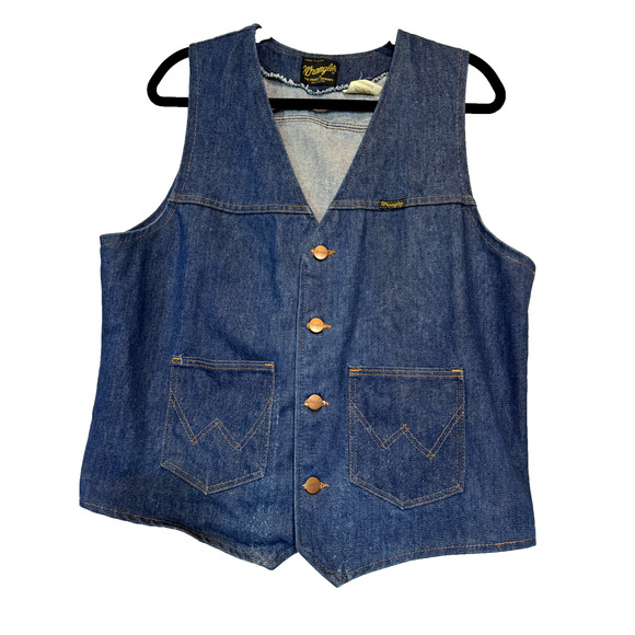 Vintage Wrangler Denim Jean Vest No Fault Western 70s 80s USA Made Large - Picture 1 of 13